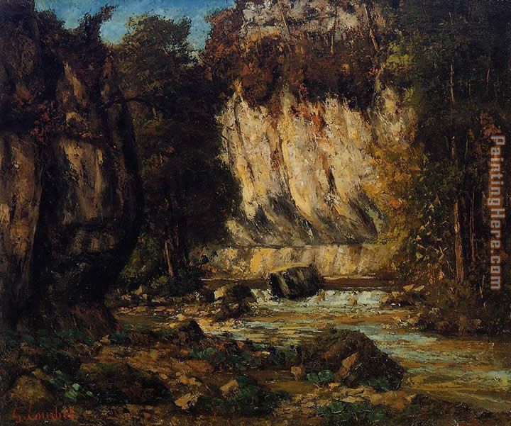 River and Cliff painting - Gustave Courbet River and Cliff art painting